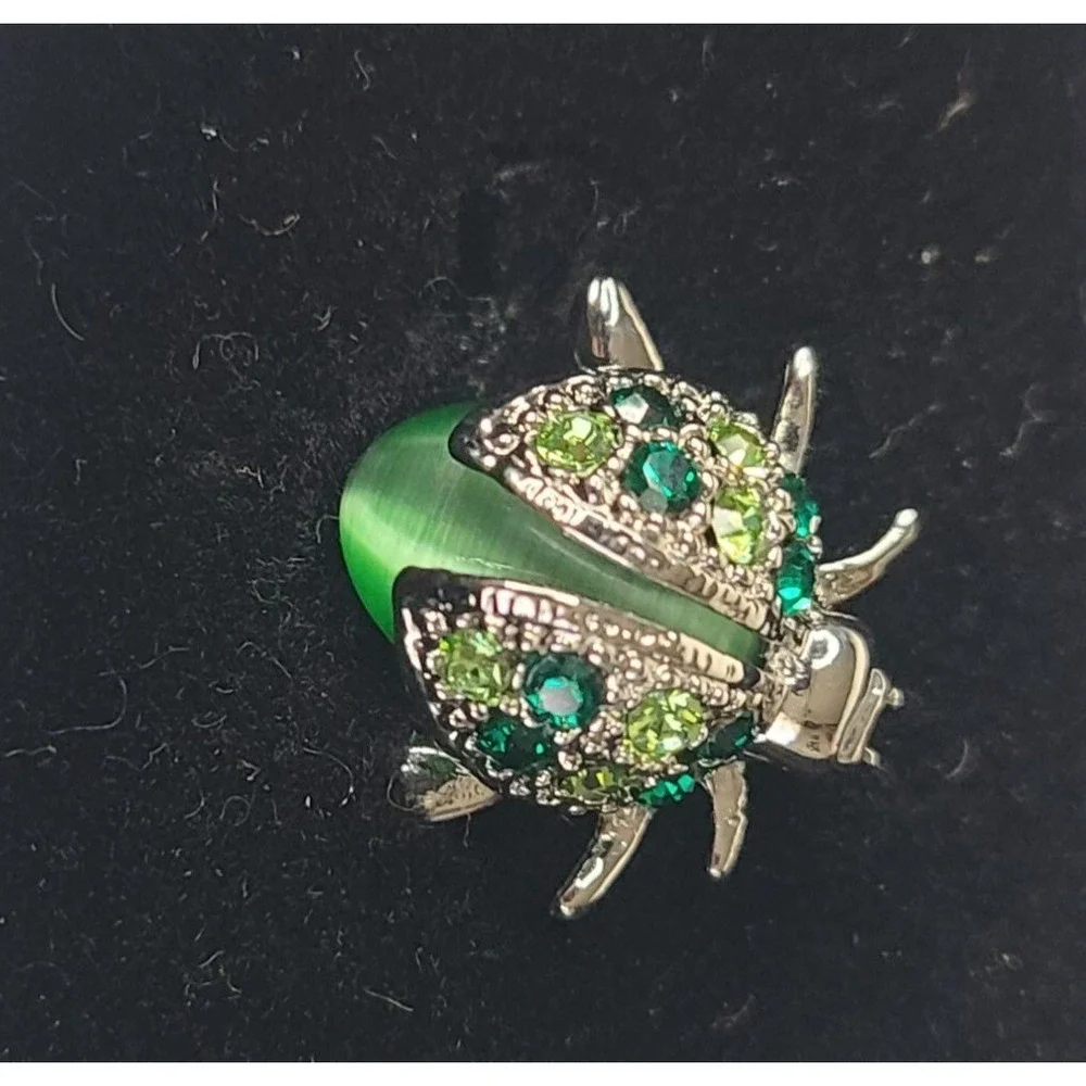 New Vintage Inspired Green Beetle Brooch With Rhinestones
